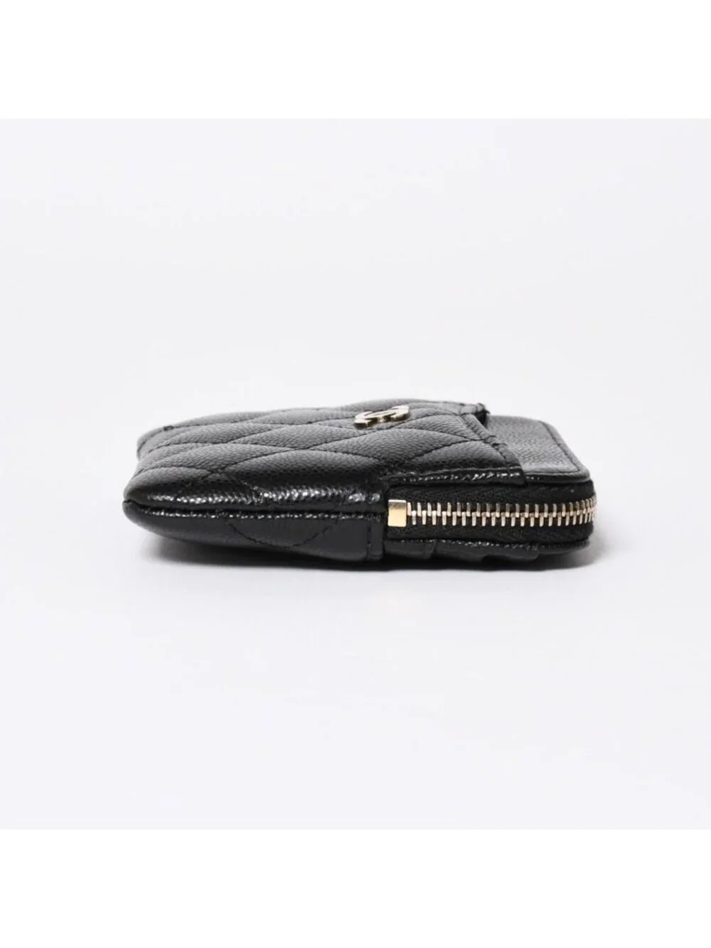 Chanel Classic Zip Coin Purse Stand CC Logo Caviar Leather Black Gold